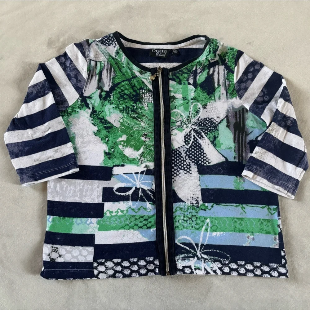 Onque Casual Zip Front Top Blue Green Stripe Floral Lightweight Jacket PM Y2K